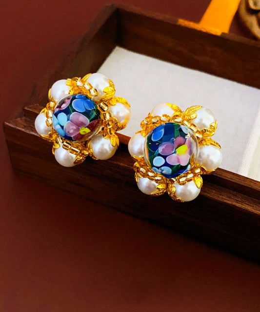 Boucles d'oreilles à tige en perles florales émaillées colorées Vogue Gold Copper Overgild - Amawinc