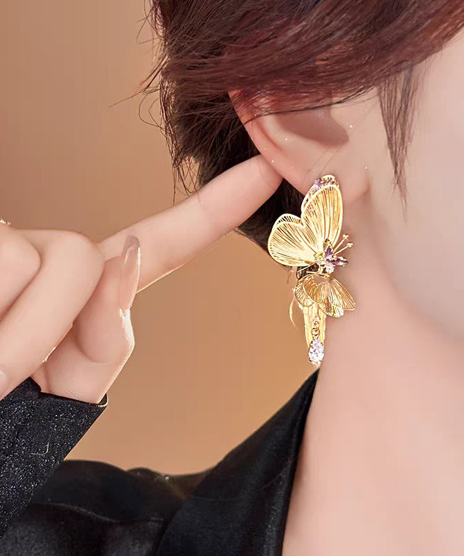 Boucles d'oreilles pendantes à pampilles papillon ajourées en argent sterling et zircons surdorés Vogue - Amawinc