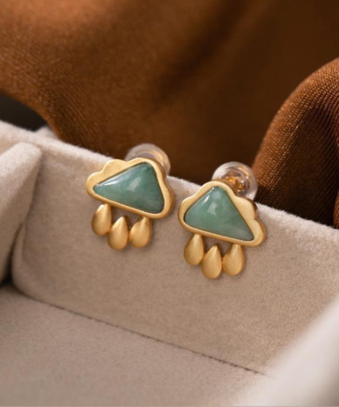 Boucles d'oreilles à tige en argent sterling et jade vert surdoré en forme de goutte d'eau - Amawinc