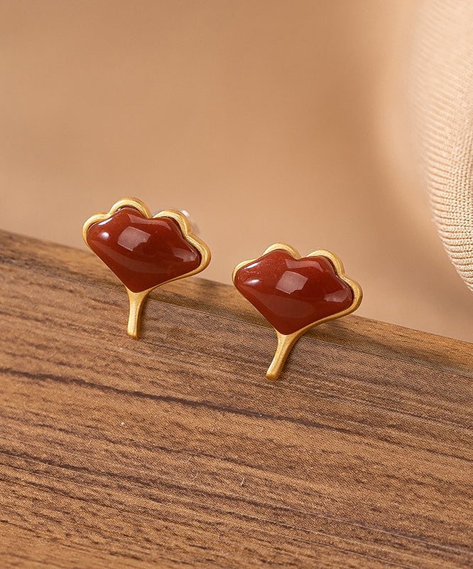 Boucles d'oreilles à tige en argent sterling avec feuille de ginkgo surdorée en agate de mûre Vogue - Amawinc