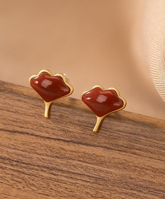 Boucles d'oreilles à tige en argent sterling avec feuille de ginkgo surdorée en agate de mûre Vogue - Amawinc