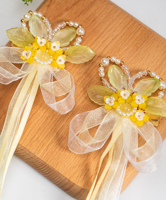Vogue Ruban en mousseline de soie jaune Perle Glaze Osmanthus Enfants Une paire d'épingles à cheveux - Amawinc