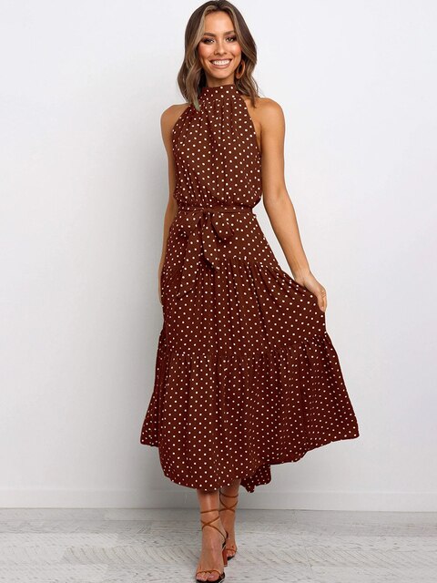 Robe Maxi Pois À Col Haut Sans Manches Avec Ceinture Noeud Pour Été Élégance Moderne Et Confort
