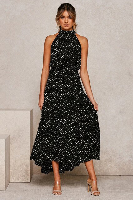 Robe Maxi Pois À Col Haut Sans Manches Avec Ceinture Noeud Pour Été Élégance Moderne Et Confort