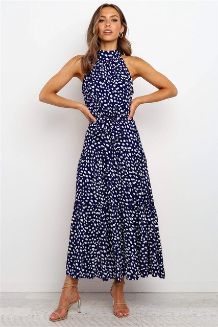 Robe Maxi Pois À Col Haut Sans Manches Avec Ceinture Noeud Pour Été Élégance Moderne Et Confort