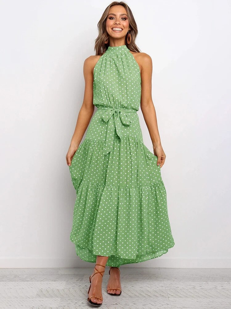 Robe Maxi Pois À Col Haut Sans Manches Avec Ceinture Noeud Pour Été Élégance Moderne Et Confort