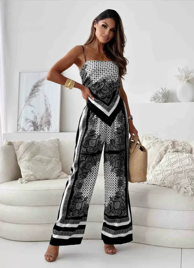 Ensemble Sans Manches Pour Femmes En Mélange De Soie Haut À Bretelles Fines Et Pantalon Large