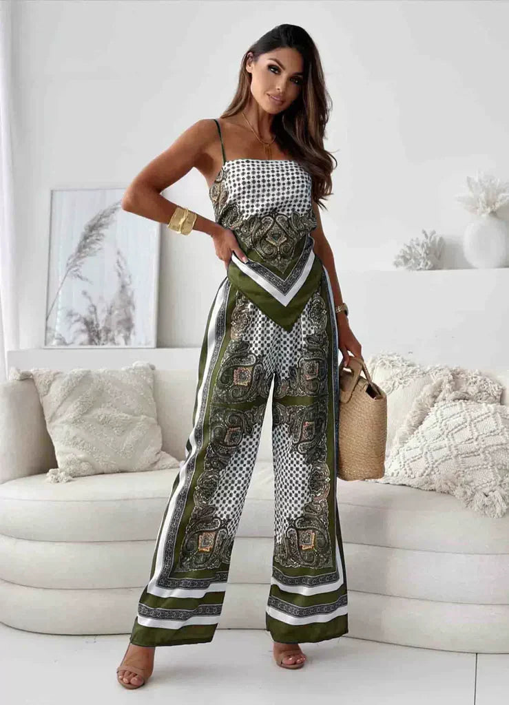 Ensemble Sans Manches Pour Femmes En Mélange De Soie Haut À Bretelles Fines Et Pantalon Large