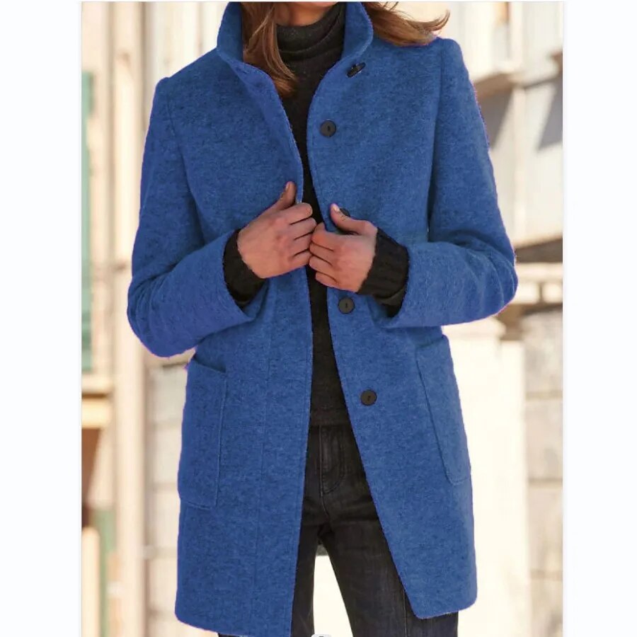 Manteau Femme en Laine Mélangée Col Haut Boutonnage Simple Coupe Cintrée Ajustée