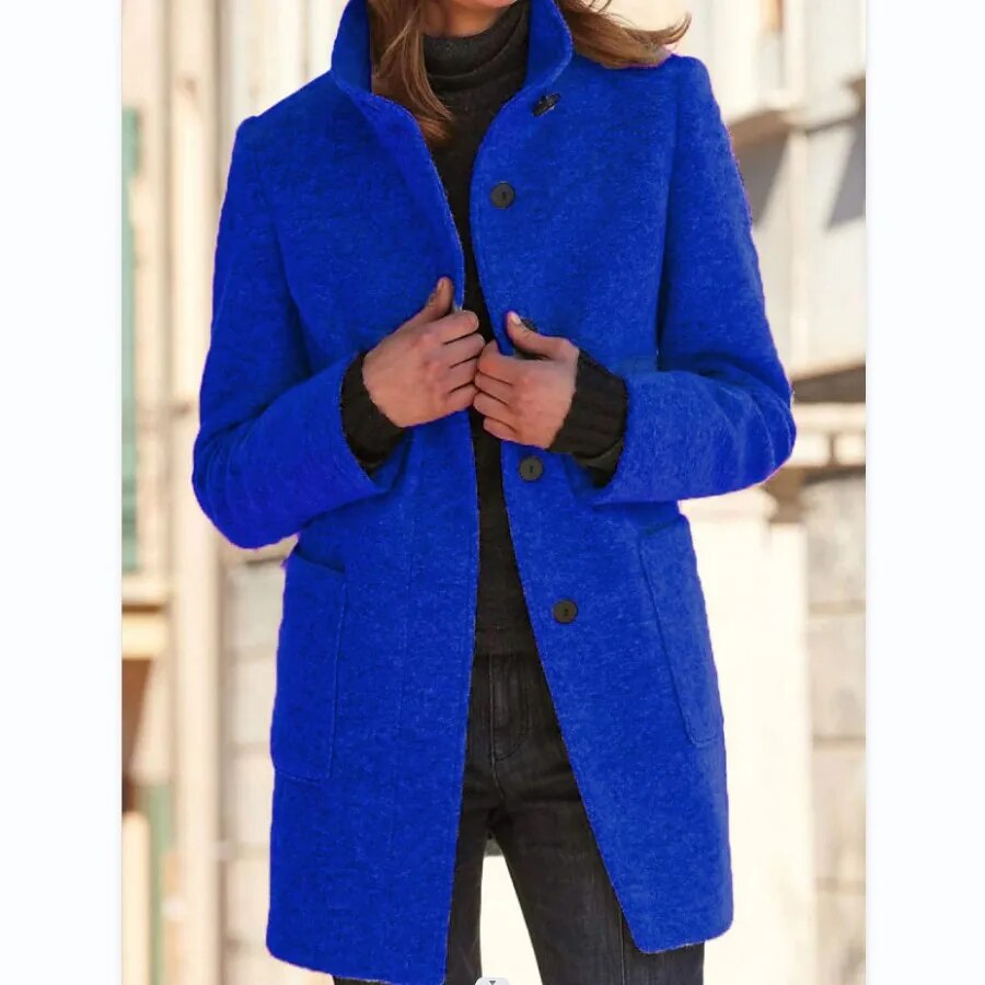 Manteau Femme en Laine Mélangée Col Haut Boutonnage Simple Coupe Cintrée Ajustée