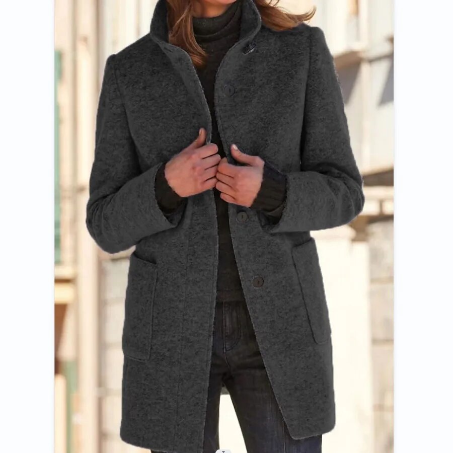 Manteau Femme en Laine Mélangée Col Haut Boutonnage Simple Coupe Cintrée Ajustée