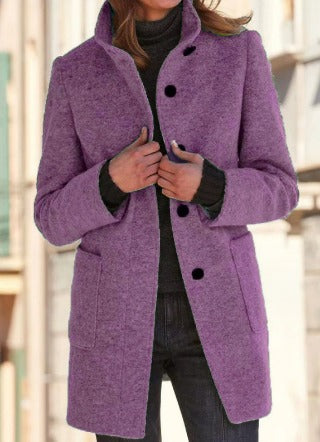 Manteau Femme en Laine Mélangée Col Haut Boutonnage Simple Coupe Cintrée Ajustée