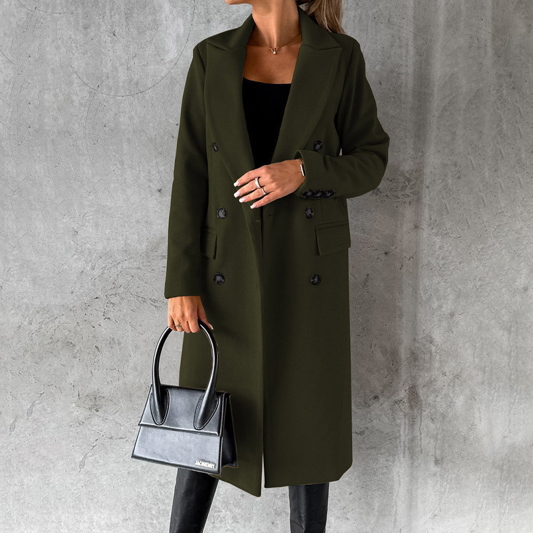 Manteau Long Femme À Double Boutonnage En Mélange De Laine Acrylique Élégant Avec Poches À Rabat