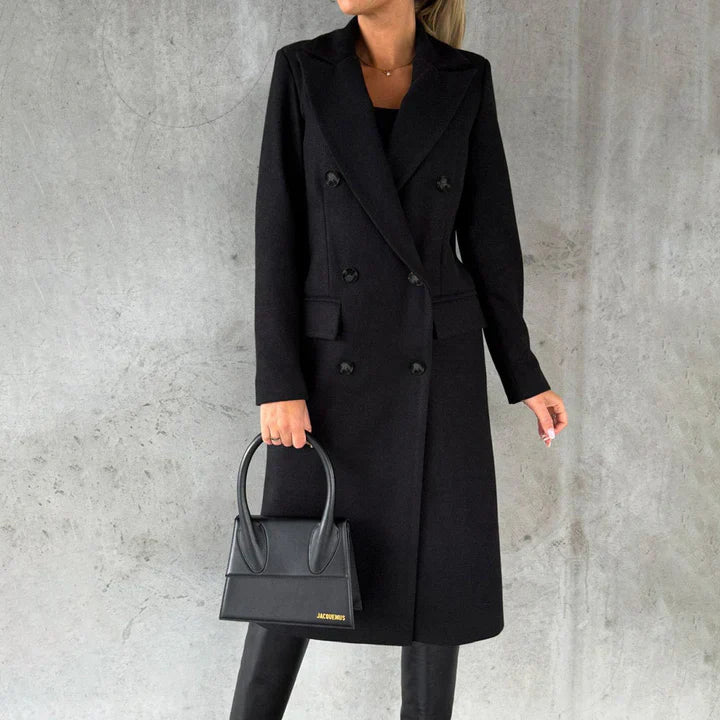 Manteau Femme Coupe Ajustée Mélange de Laine Double Boutonnage Longueur Genou Poches à Rabat
