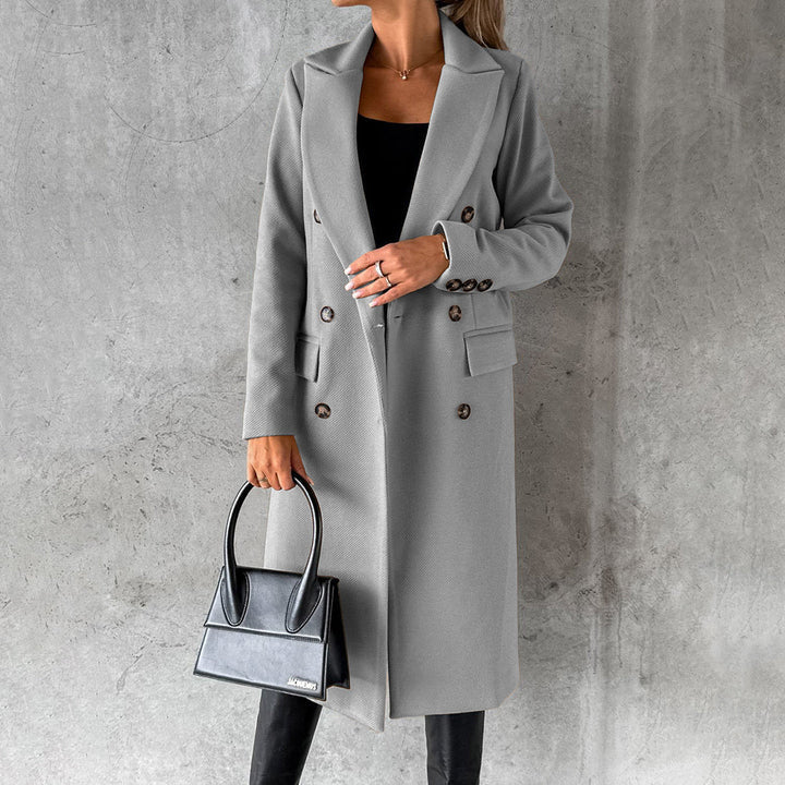 Manteau Femme Coupe Ajustée Mélange de Laine Double Boutonnage Longueur Genou Poches à Rabat