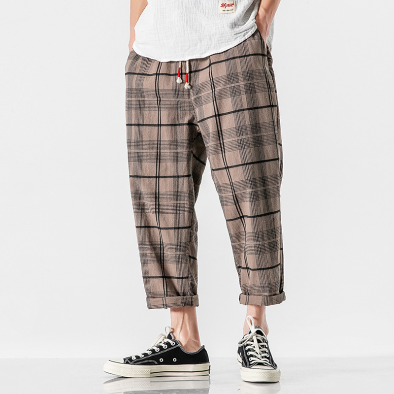Pantalon Oversize À Carreaux Bleu Marine Mélange Coton Lin Longueur Cheville Confortable