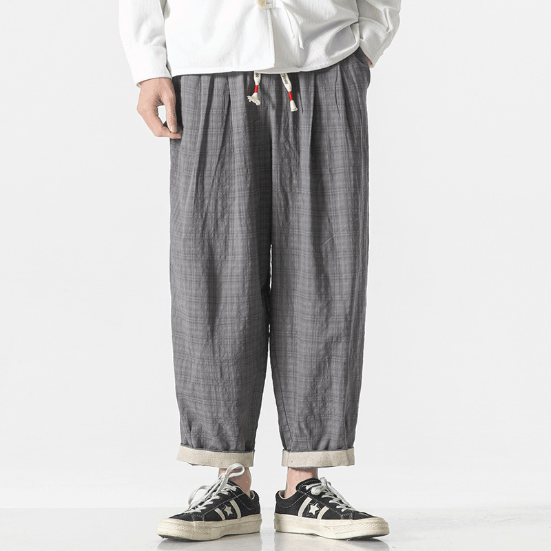 Pantalon Micro Carreaux WabiSabi Léger Mélange Coton Avec Taille À Cordon Et Ourlets Roulés Japonaise Streetwear