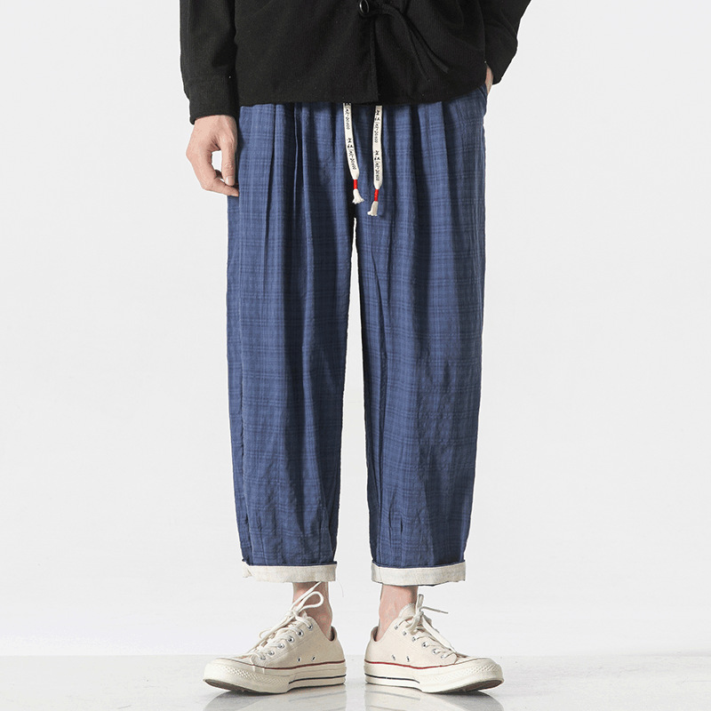 Pantalon Micro Carreaux WabiSabi Léger Mélange Coton Avec Taille À Cordon Et Ourlets Roulés Japonaise Streetwear