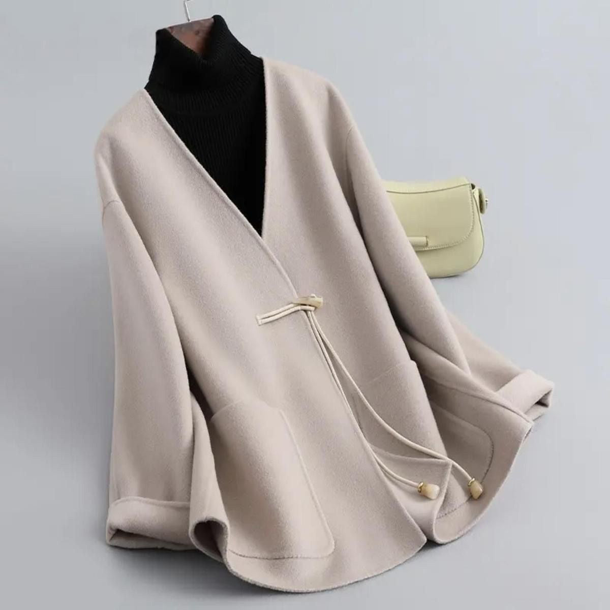 Manteau Femme En Laine Chaud Automne Élégant Double Face Col V Boutons En Corne Chic