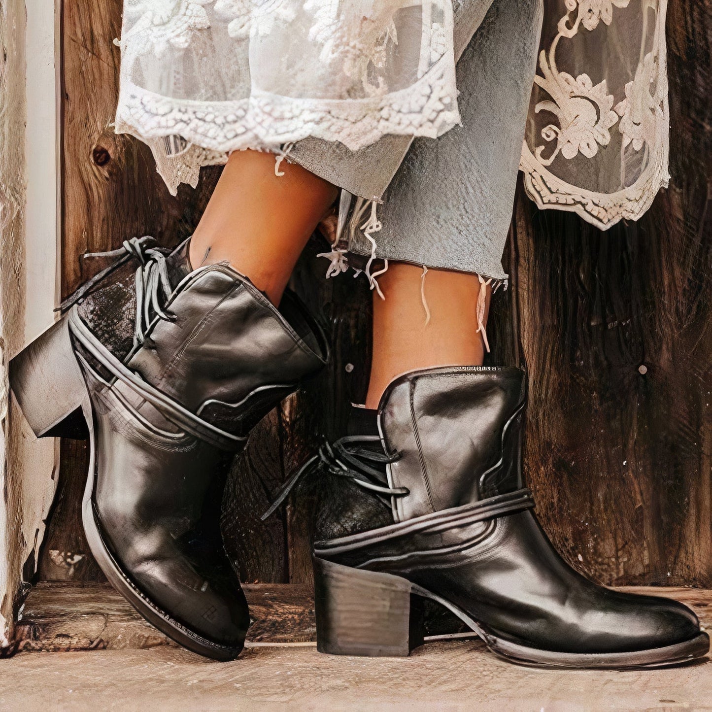 Bottines Western Amawinc Pour Femmes Avec Talon Bloc Confortable Et Lacets Enveloppants Stylés