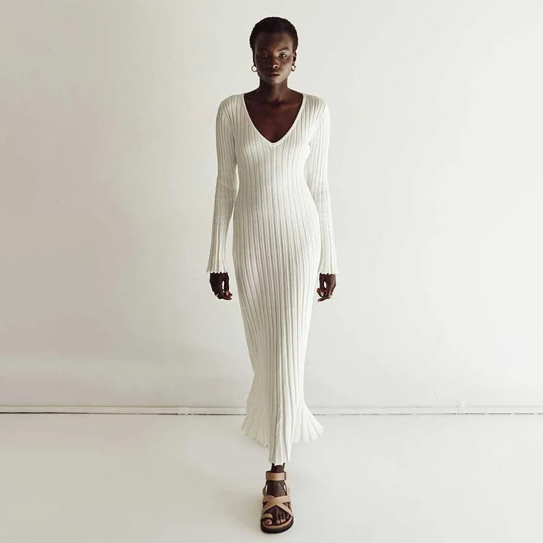 Robe Maxi Tricot Pour Femme Col En V Manches Longues Coupe Ajustée Côtée Élégante Et Confortable Amawinc