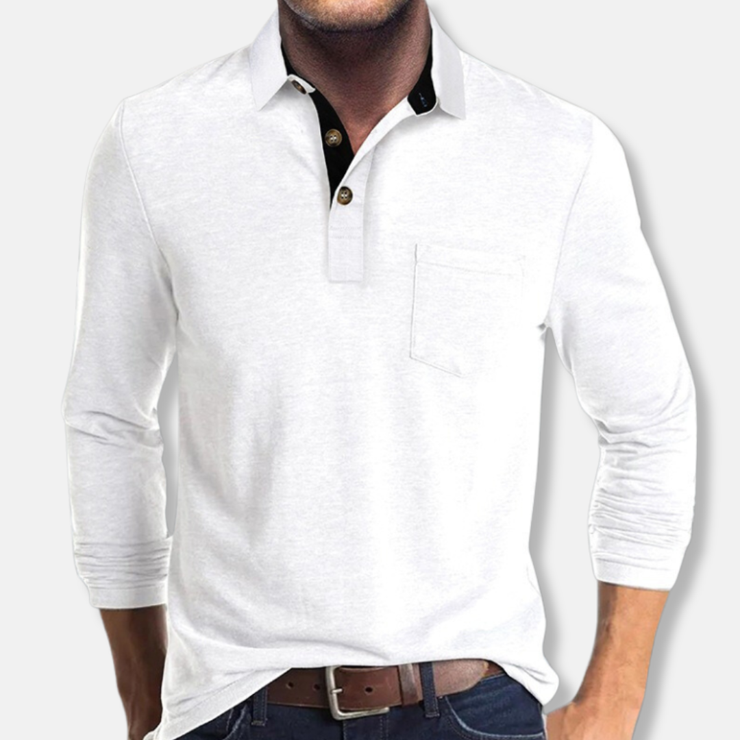 Polo Homme Manches Longues En Maille Coton Mélangé Col Contrasté Coupe Regular Pour Style Smart Casual Décontracté