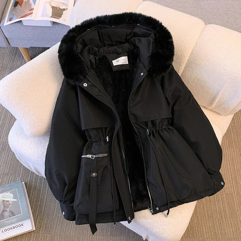 Parka Femme Imperméable Avec Capuche Doublée Taille Ajustable Bordure En Fourrure