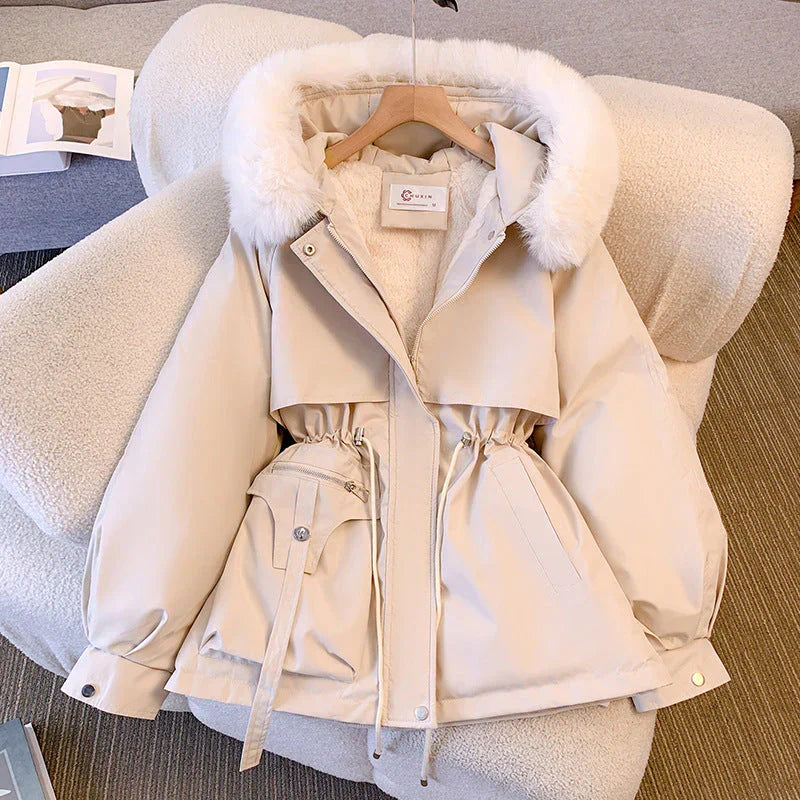 Parka Femme Imperméable Avec Capuche Doublée Taille Ajustable Bordure En Fourrure