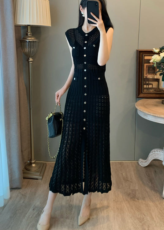 Robe longue noire ajourée en tricot à simple boutonnage et boutons sans manches pour femme - Amawinc