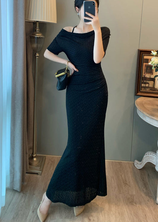 Robe longue noire à col bateau et coupe ajustée pour femme, idéale pour l'été - Amawinc