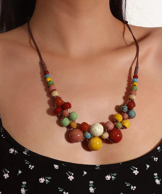 Collier de perles graduées en céramique tressée marron pour femme - Amawinc