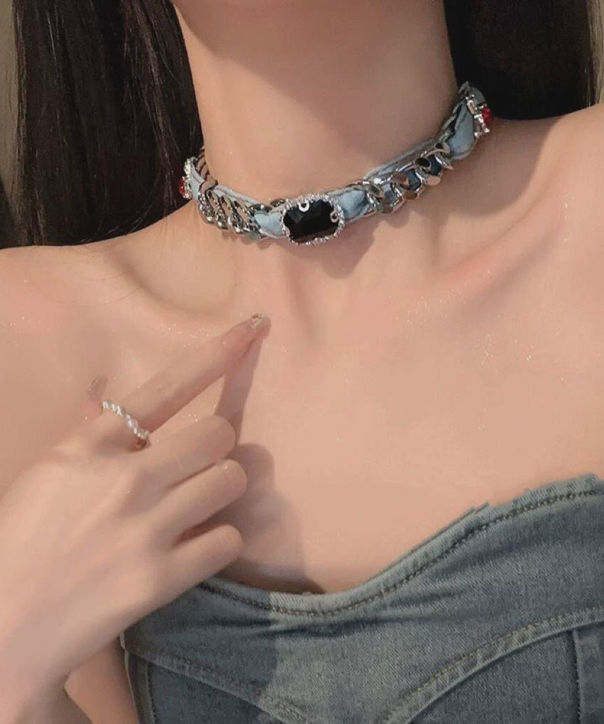 Collier chaîne en métal bleu denim pour femme avec cristaux - Amawinc