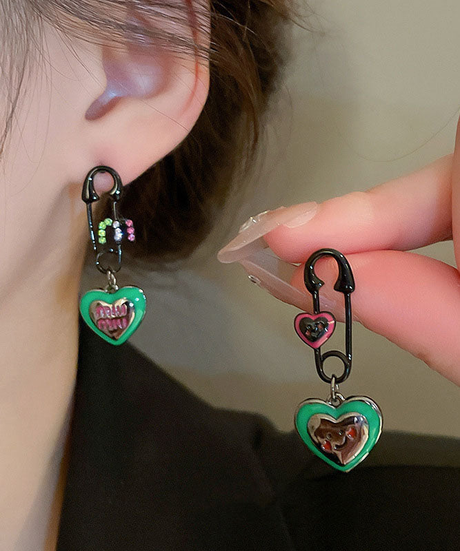Boucles d'oreilles pendantes en alliage de zircon vert pour femme, motif graphique Love Drip Glaze - Amawinc