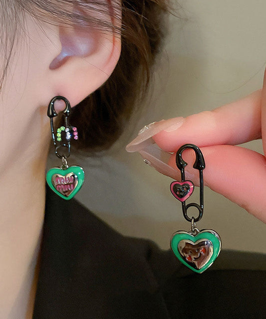 Boucles d'oreilles pendantes en alliage de zircon vert pour femme, motif graphique Love Drip Glaze - Amawinc