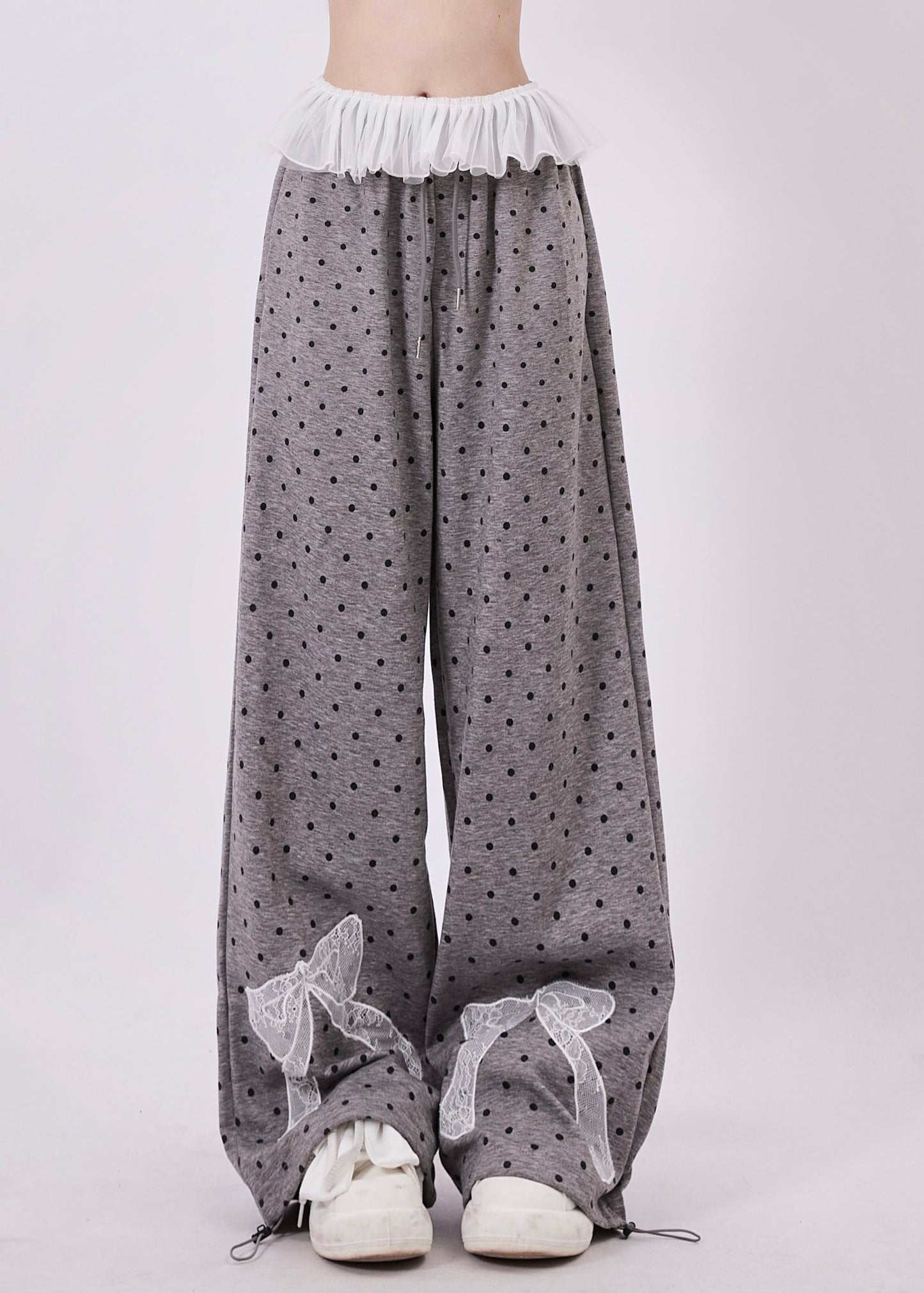 Pantalon large en coton à pois gris pour femme, avec nœud en dentelle et patchwork, printemps - Amawinc