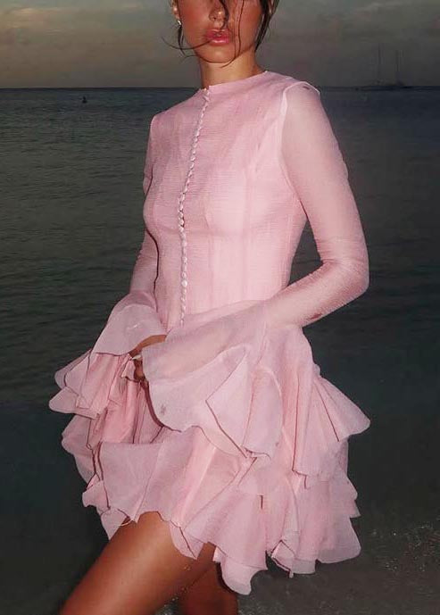 Robe courte rose à simple boutonnage et manches évasées pour femme - Amawinc