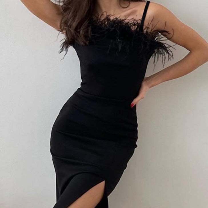 High-Slit Party Dress with Unique Feather Trim