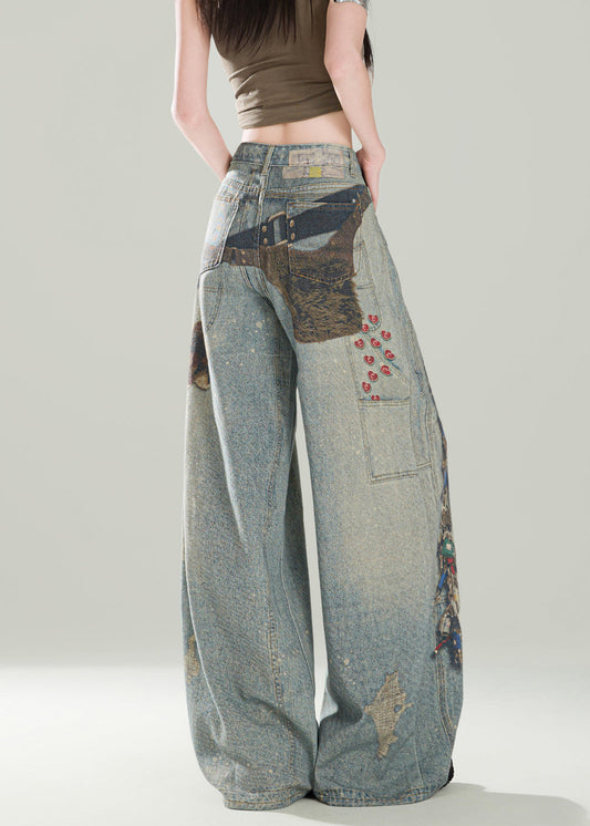 Pantalon large en denim bleu élégant avec poches imprimées pour femme, automne - Amawinc
