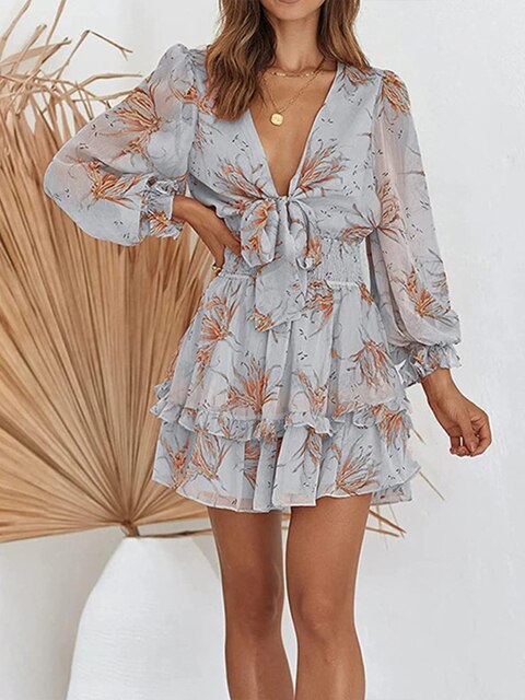 Robe Femme À Imprimé Floral Avec Décolleté En V Et Lien À La Taille Manches Bouffantes Longues Smockée Et Volants