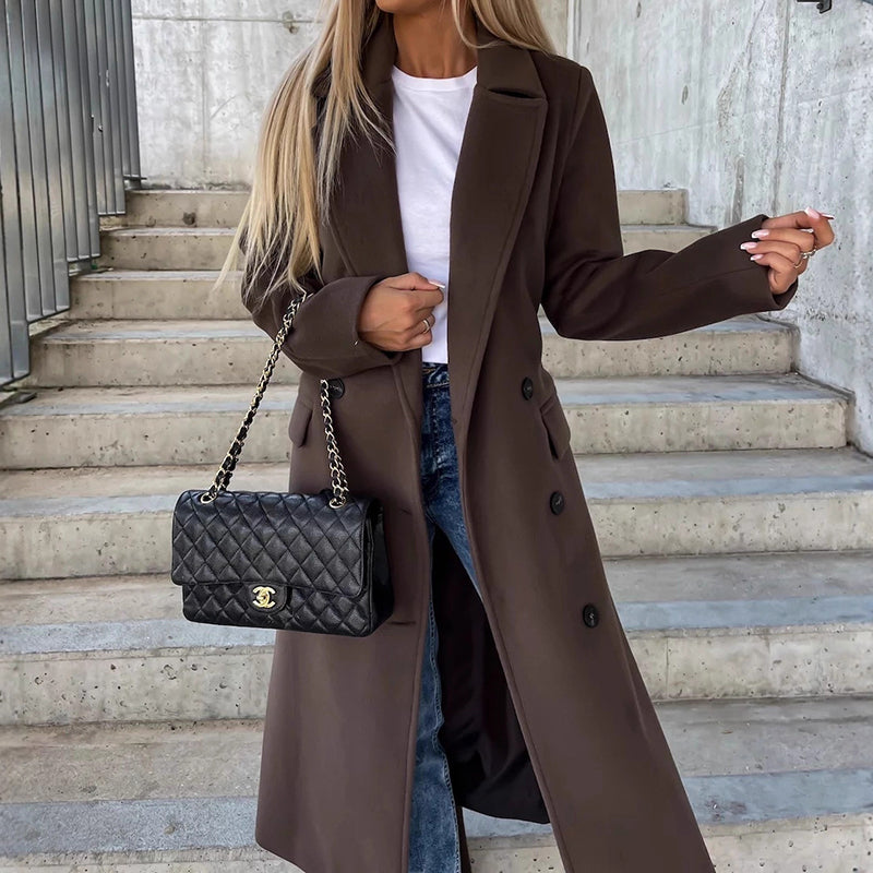 Manteau Long Féminin À Double Bouton Avec Poches Latérales Et Col Revers Classique Pour Hiver Élégant