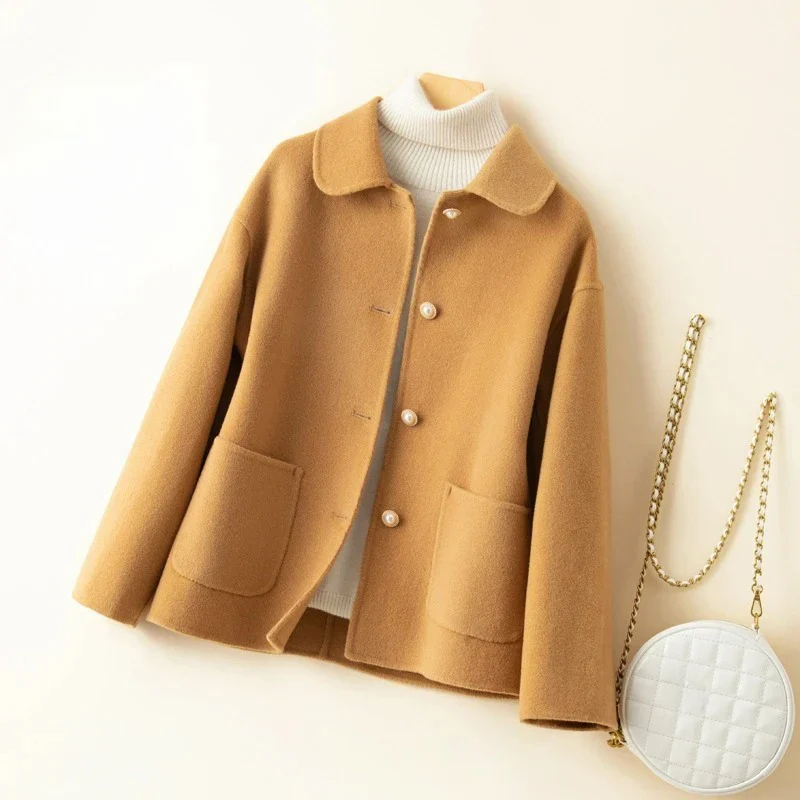 Manteau Femme En Laine Double Face Avec Col Arrondi Et Poches Boutonnage Pour Hiver Chic