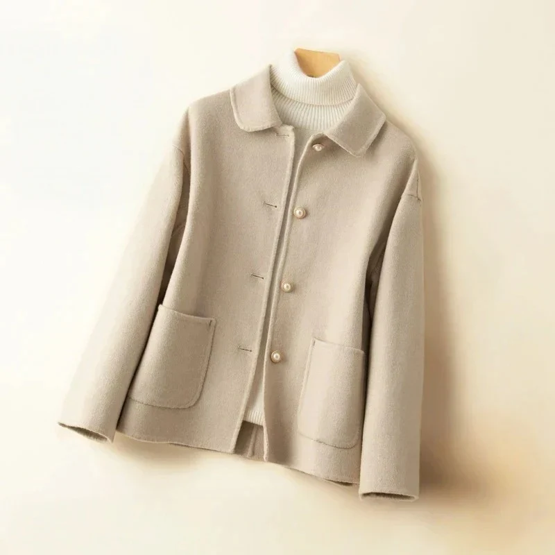 Manteau Femme En Laine Double Face Avec Col Arrondi Et Poches Boutonnage Pour Hiver Chic