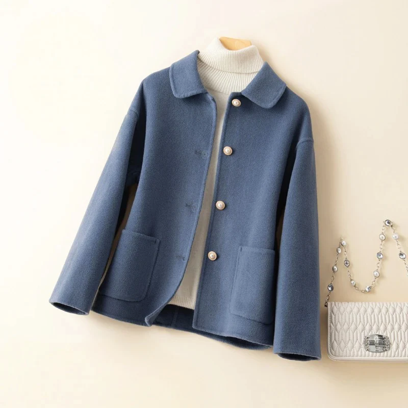 Manteau Femme En Laine Double Face Avec Col Arrondi Et Poches Boutonnage Pour Hiver Chic