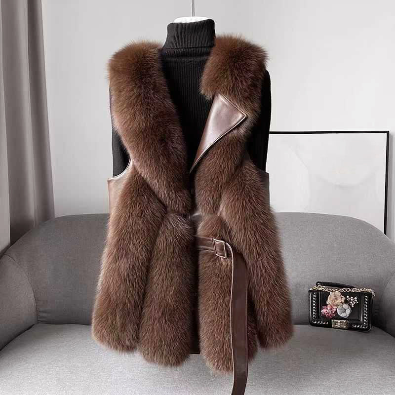 Gilet Femme En Fausse Fourrure Avec Ceinture À Taille Cintrée Et Bordures En Simili Cuir Amawinc