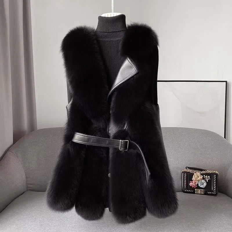 Gilet Femme En Fausse Fourrure Avec Ceinture À Taille Cintrée Et Bordures En Simili Cuir Amawinc