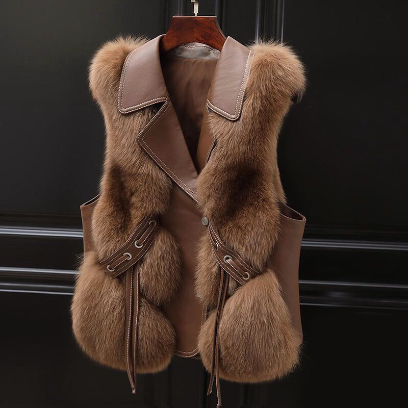 Gilet En Fausse Fourrure Pour Femme Avec Col Revers Et Ceinture À Nouer À La Taille