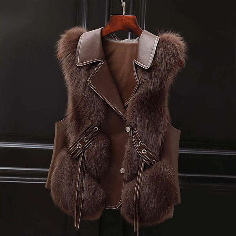 Gilet En Fausse Fourrure Pour Femme Avec Col Revers Et Ceinture À Nouer À La Taille