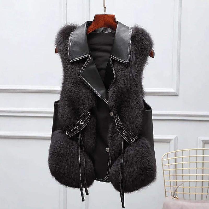 Gilet En Fausse Fourrure Pour Femme Avec Col Revers Et Ceinture À Nouer À La Taille
