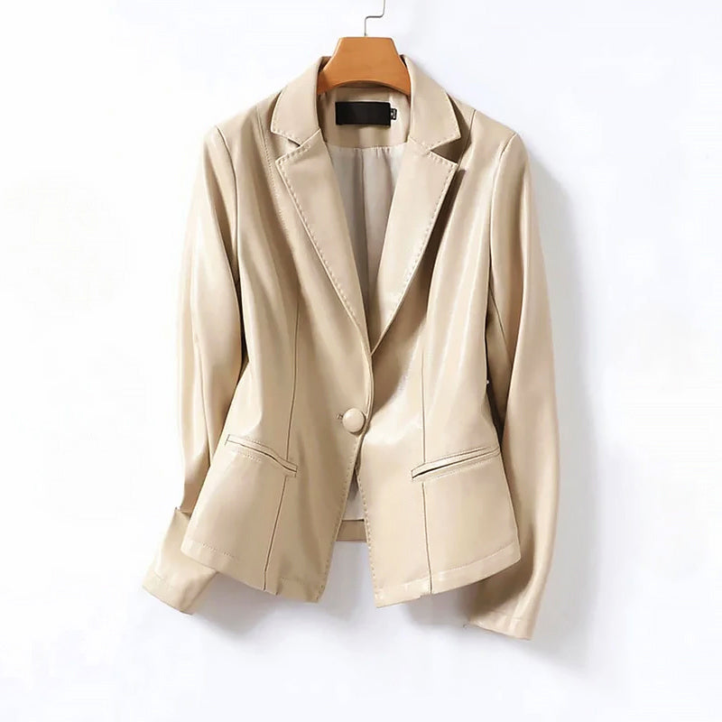 Blazer Femme En Cuir Véritable À Bouton Unique Coupe Tailleur Élégante Poches Passepoilées Idéale Du Jour À La Soirée