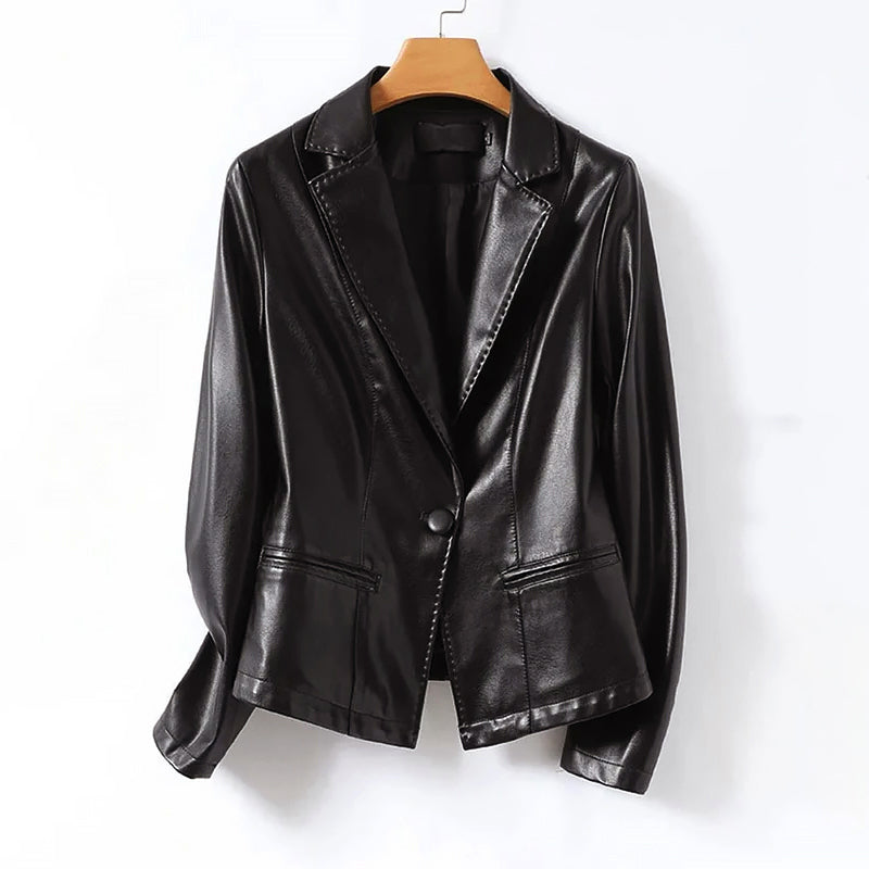 Blazer Femme En Cuir Véritable À Bouton Unique Coupe Tailleur Élégante Poches Passepoilées Idéale Du Jour À La Soirée